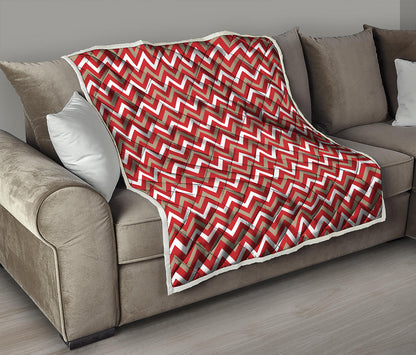 Red Beige And White Chevron Print Quilt
