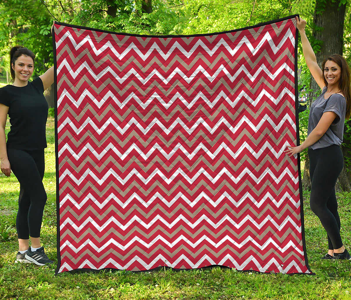 Red Beige And White Chevron Print Quilt