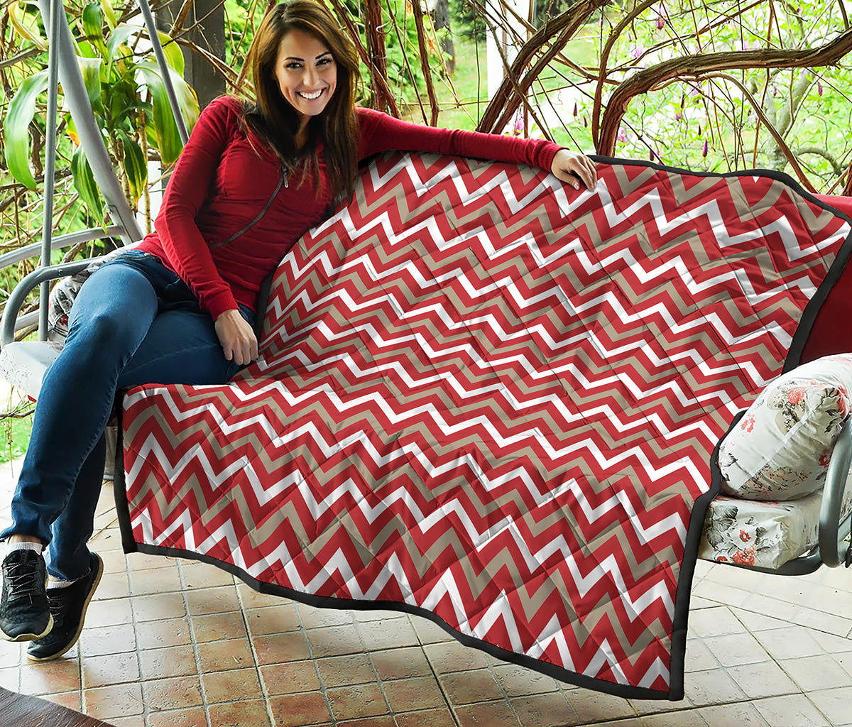 Red Beige And White Chevron Print Quilt