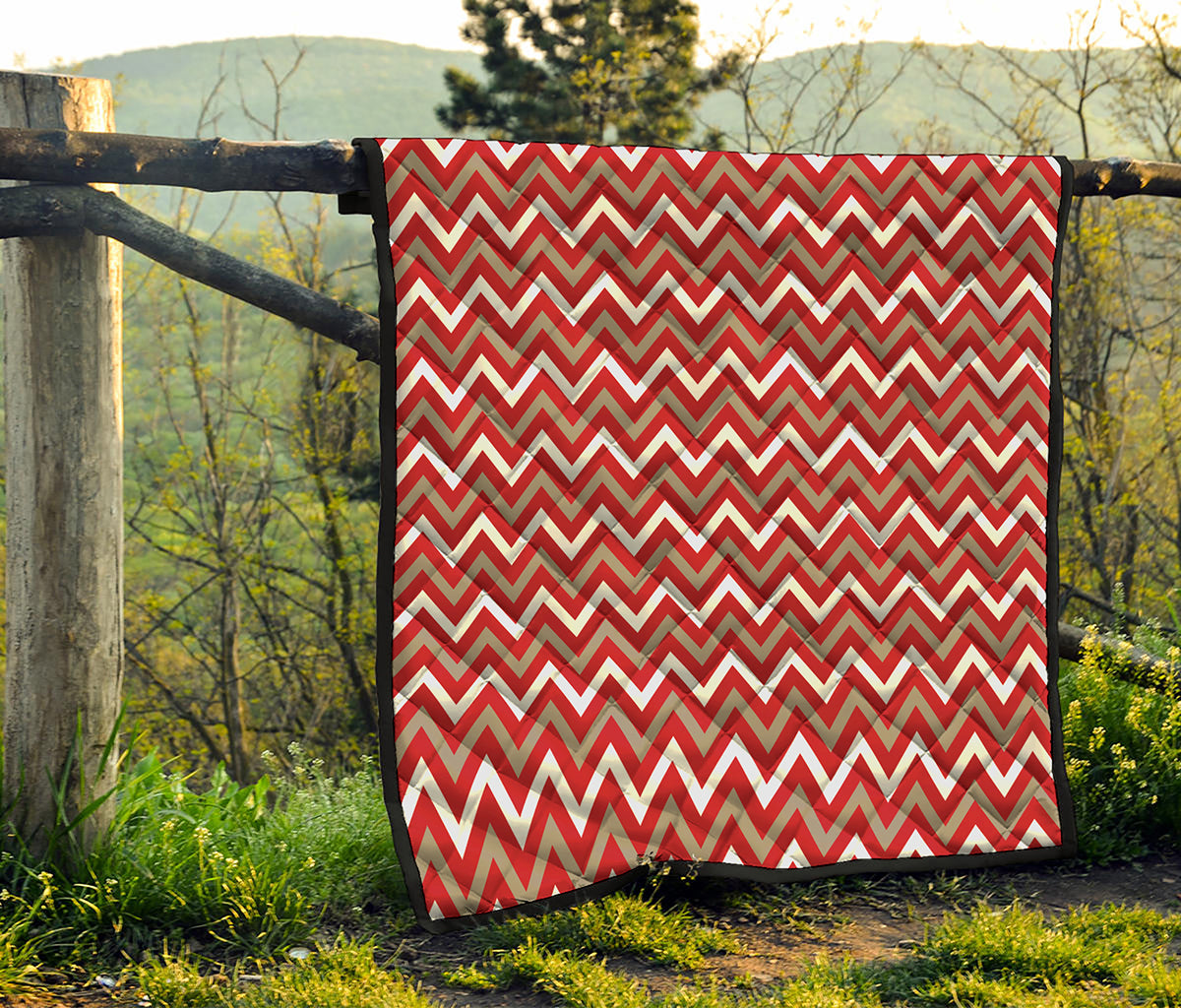 Red Beige And White Chevron Print Quilt