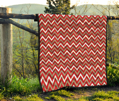Red Beige And White Chevron Print Quilt