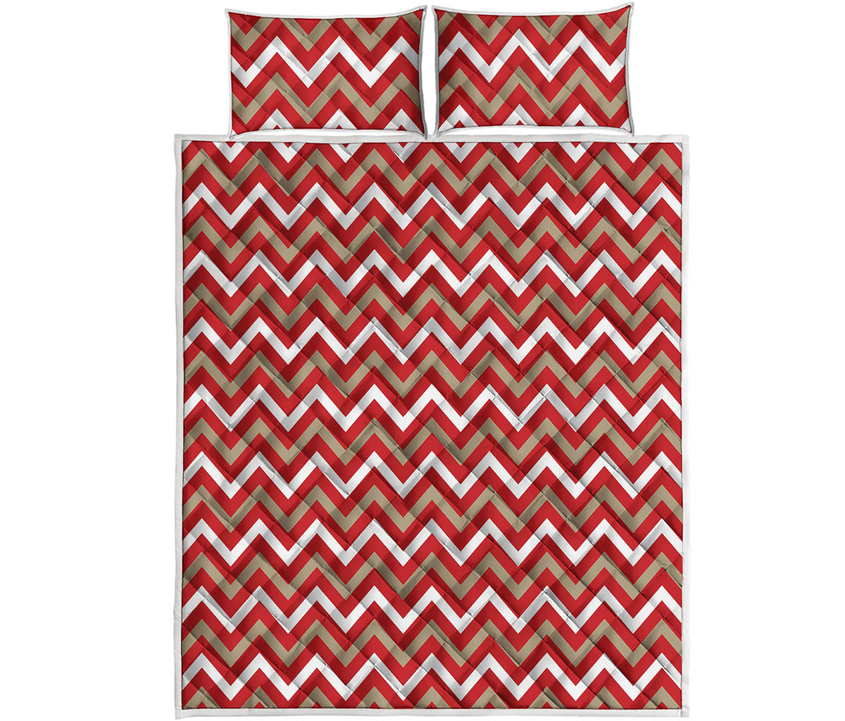 Red Beige And White Chevron Print Quilt Bed Set