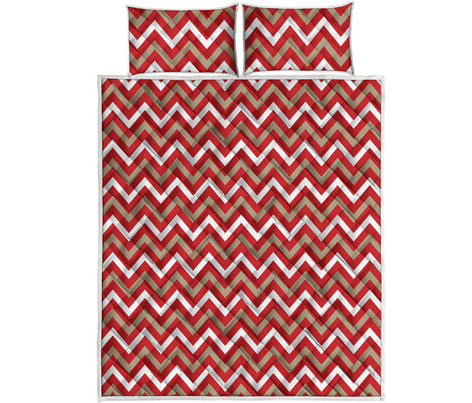 Red Beige And White Chevron Print Quilt Bed Set