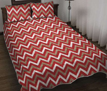 Red Beige And White Chevron Print Quilt Bed Set