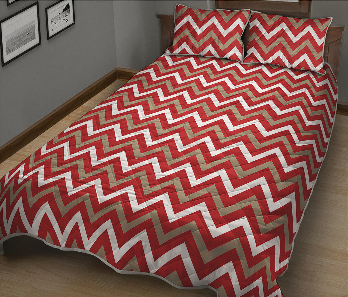 Red Beige And White Chevron Print Quilt Bed Set