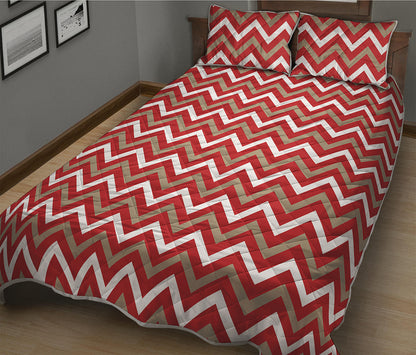 Red Beige And White Chevron Print Quilt Bed Set