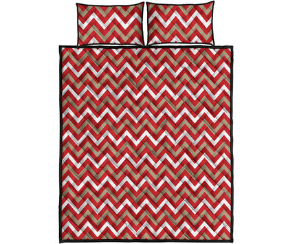 Red Beige And White Chevron Print Quilt Bed Set