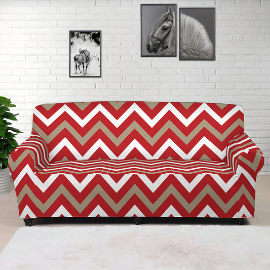 Red Beige And White Chevron Print Sofa Cover