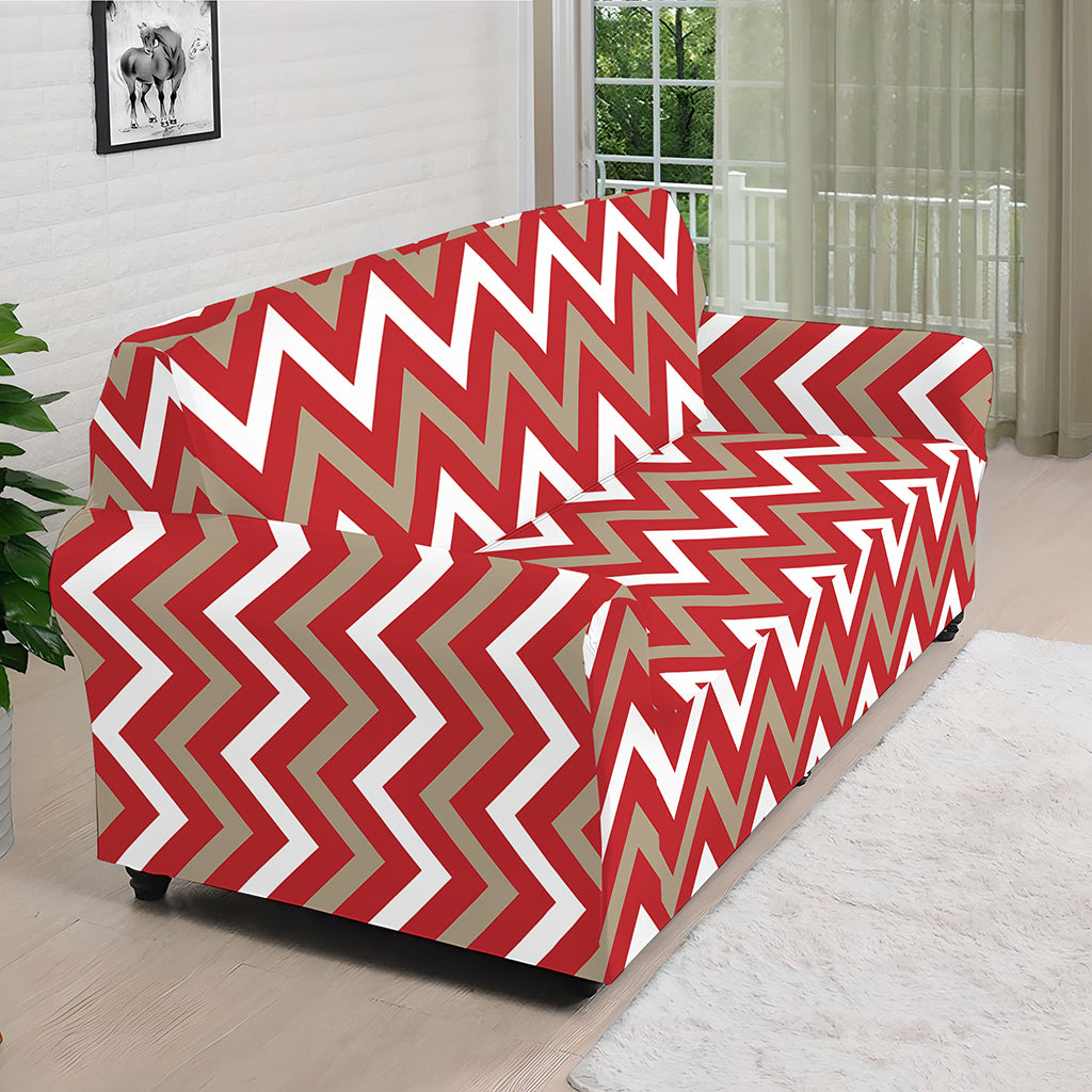 Red Beige And White Chevron Print Sofa Cover