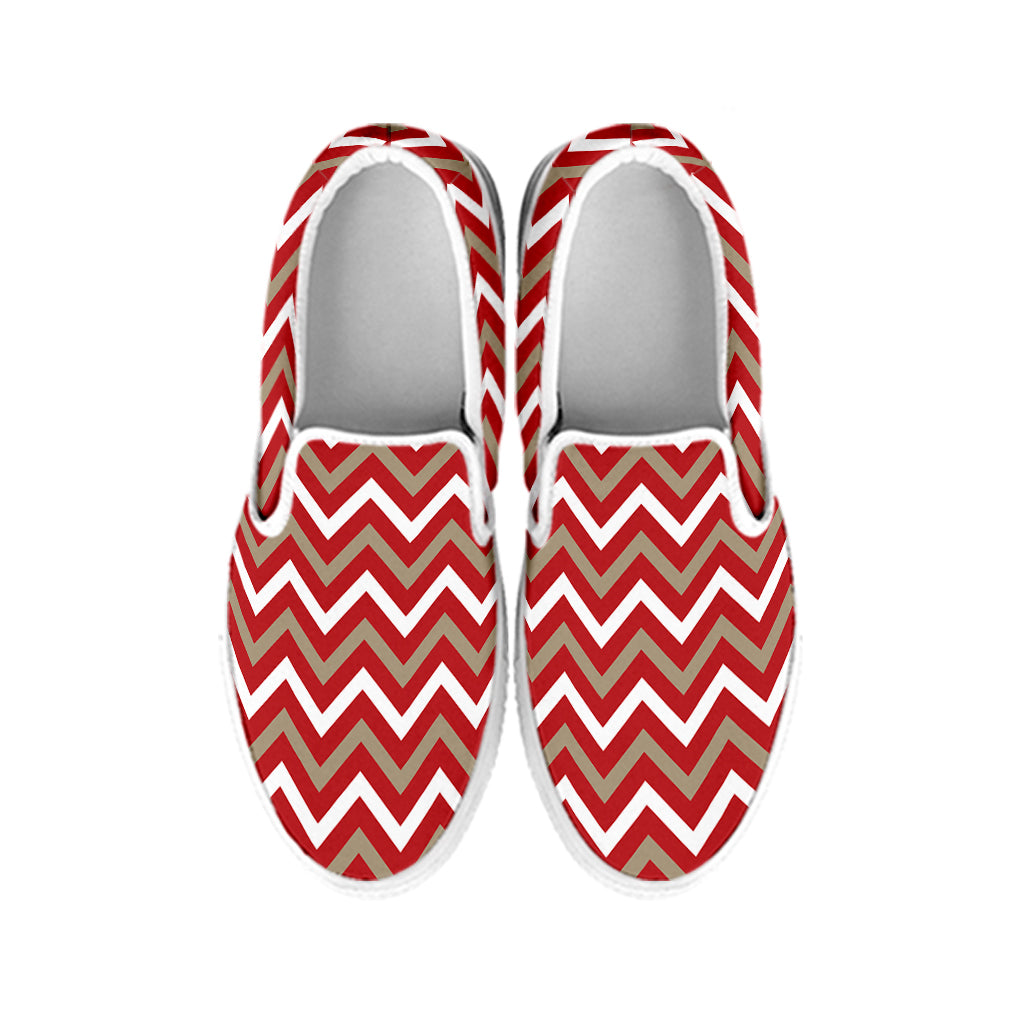 Red Beige And White Chevron Print White Slip On Shoes