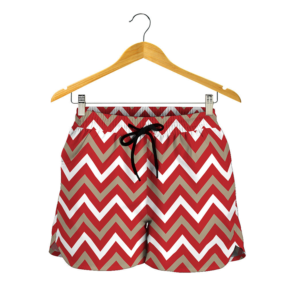 Red Beige And White Chevron Print Women's Shorts