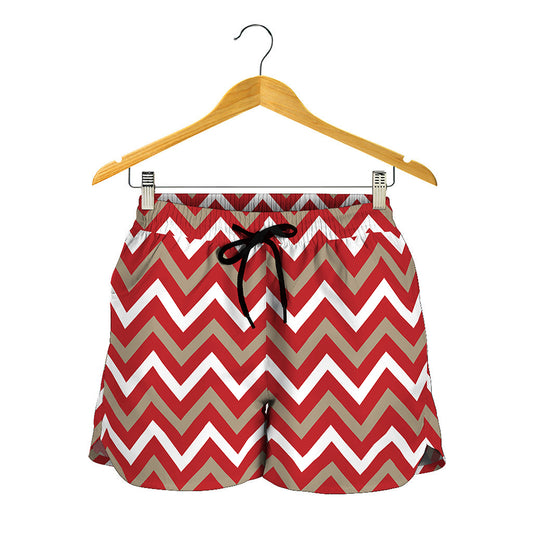 Red Beige And White Chevron Print Women's Shorts