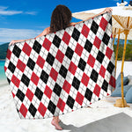 Red Black And White Argyle Pattern Print Beach Sarong Wrap