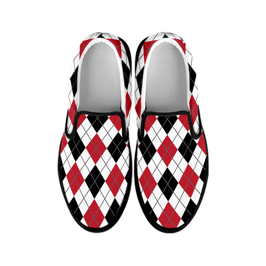 Red Black And White Argyle Pattern Print Black Slip On Shoes