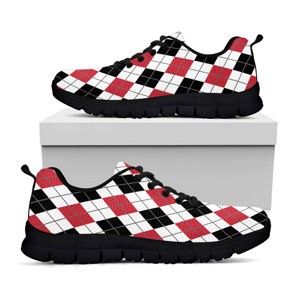 Red Black And White Argyle Pattern Print Black Sneakers