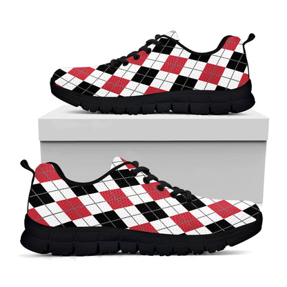 Red Black And White Argyle Pattern Print Black Sneakers