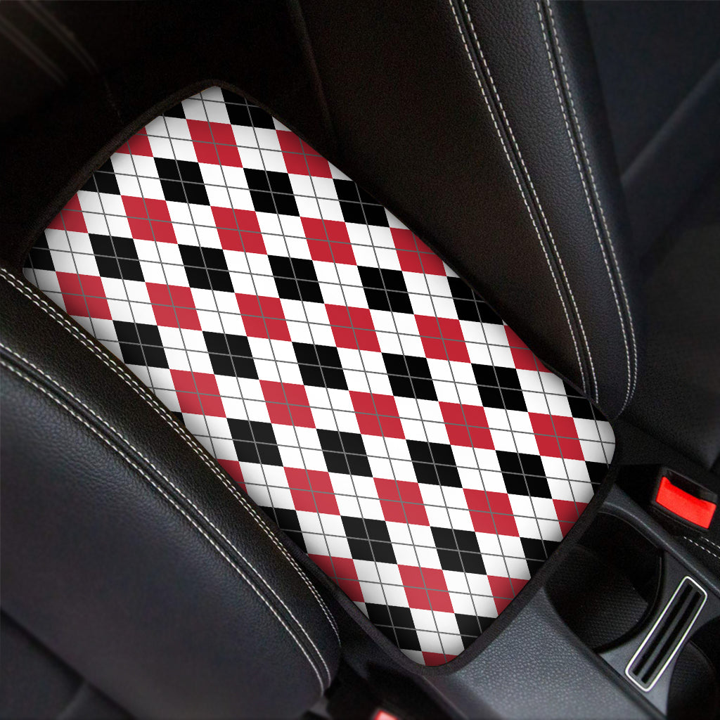 Red Black And White Argyle Pattern Print Car Center Console Cover