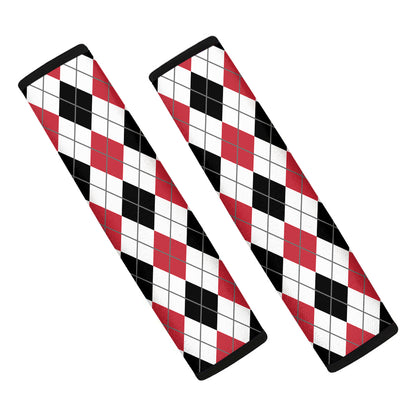 Red Black And White Argyle Pattern Print Car Seat Belt Covers
