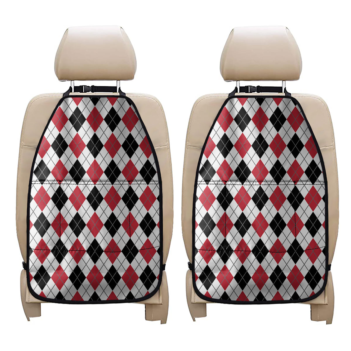 Red Black And White Argyle Pattern Print Car Seat Organizers