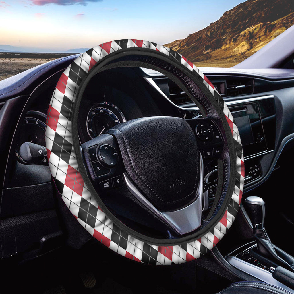 Red Black And White Argyle Pattern Print Car Steering Wheel Cover
