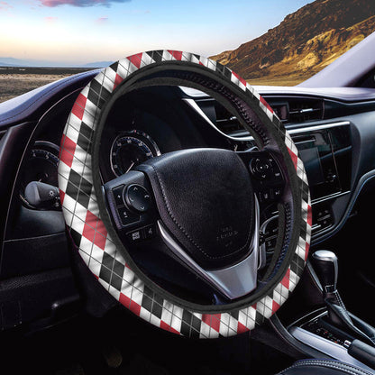 Red Black And White Argyle Pattern Print Car Steering Wheel Cover