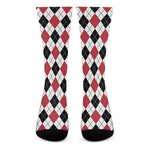 Red Black And White Argyle Pattern Print Crew Socks