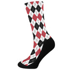Red Black And White Argyle Pattern Print Crew Socks