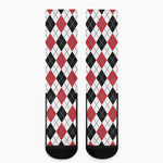 Red Black And White Argyle Pattern Print Crew Socks