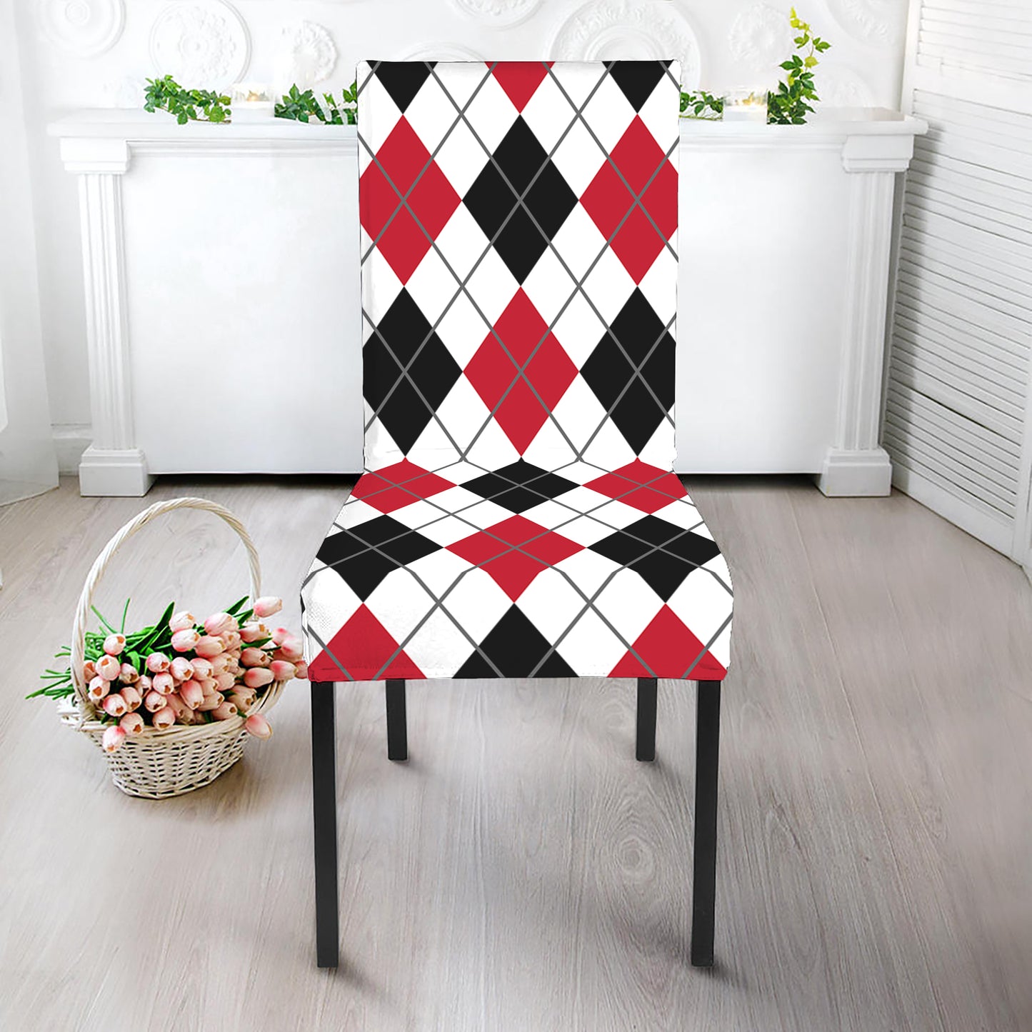 Red Black And White Argyle Pattern Print Dining Chair Slipcover