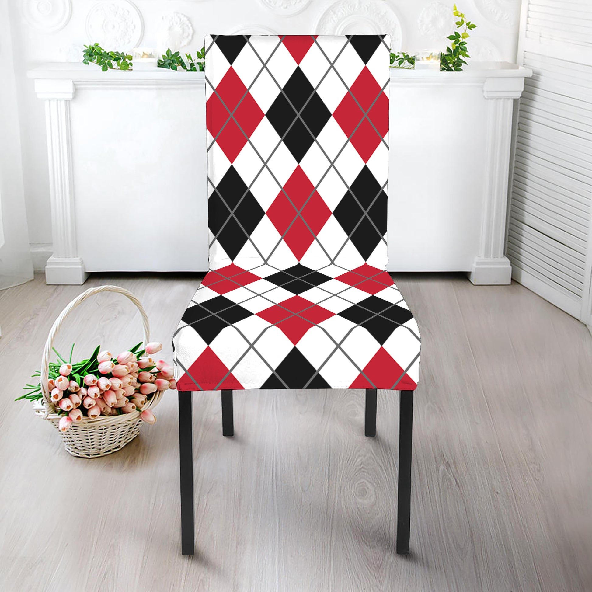 Red Black And White Argyle Pattern Print Dining Chair Slipcover