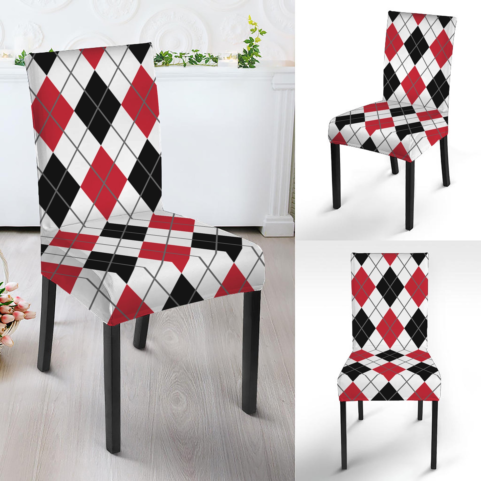 Red Black And White Argyle Pattern Print Dining Chair Slipcover