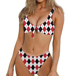 Red Black And White Argyle Pattern Print Front Bow Tie Bikini
