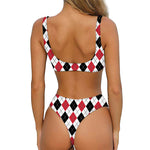 Red Black And White Argyle Pattern Print Front Bow Tie Bikini