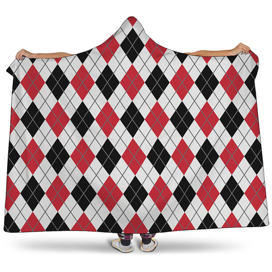 Red Black And White Argyle Pattern Print Hooded Blanket