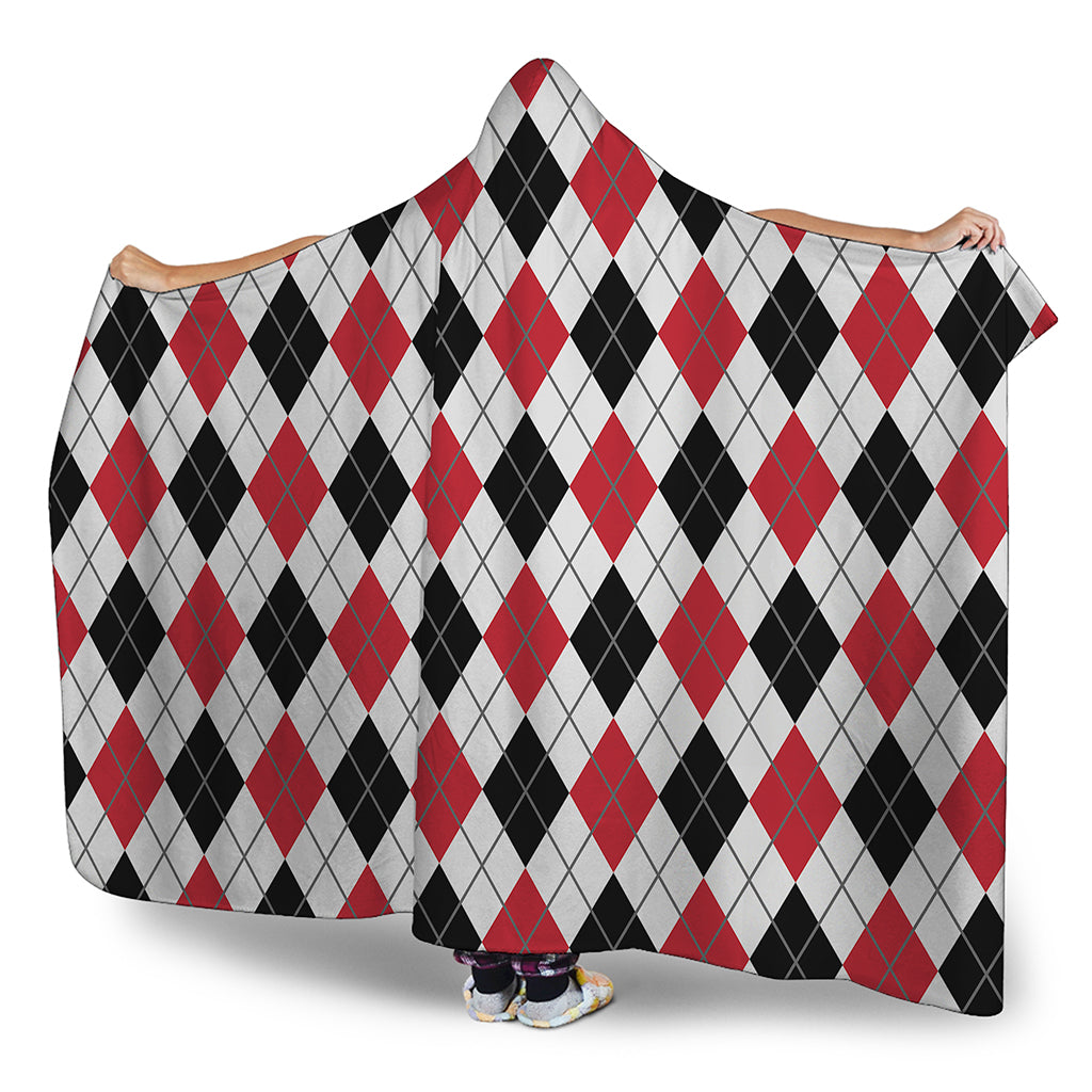 Red Black And White Argyle Pattern Print Hooded Blanket