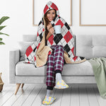 Red Black And White Argyle Pattern Print Hooded Blanket