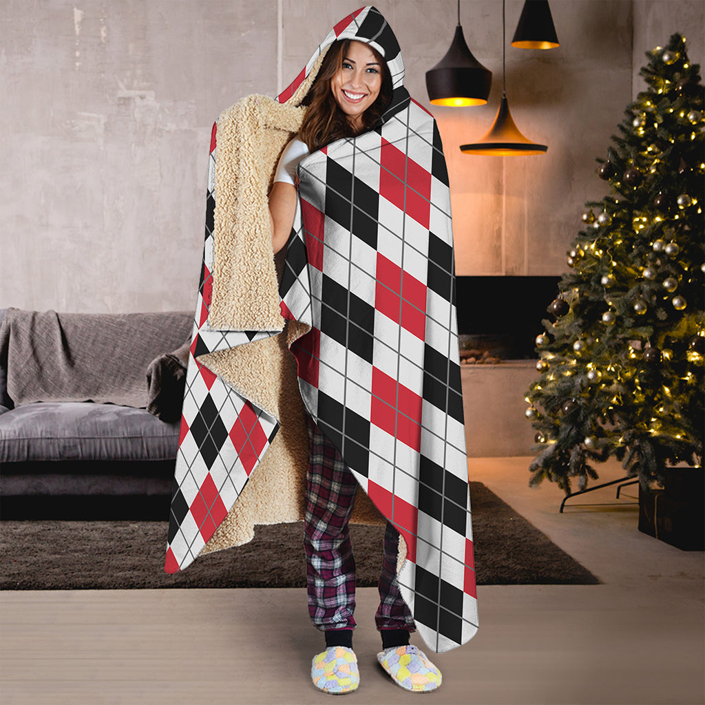 Red Black And White Argyle Pattern Print Hooded Blanket