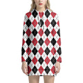 Red Black And White Argyle Pattern Print Pullover Hoodie Dress