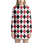 Red Black And White Argyle Pattern Print Hoodie Dress