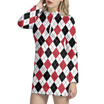 Red Black And White Argyle Pattern Print Hoodie Dress