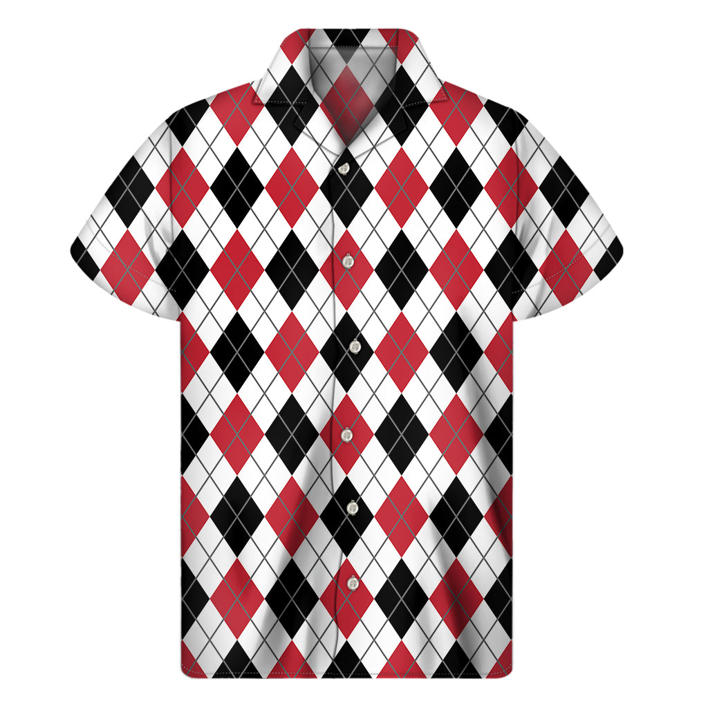 Red Black And White Argyle Pattern Print Men's Short Sleeve Shirt