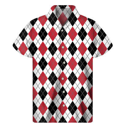 Red Black And White Argyle Pattern Print Men's Short Sleeve Shirt