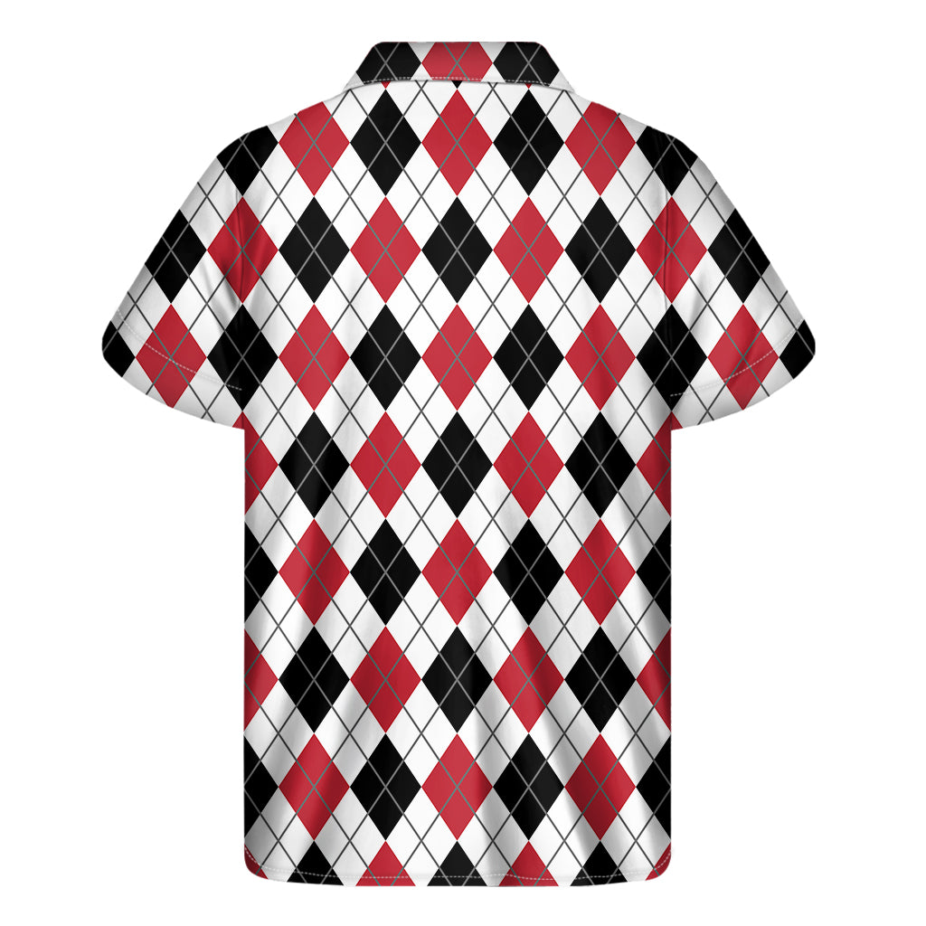 Red Black And White Argyle Pattern Print Men's Short Sleeve Shirt