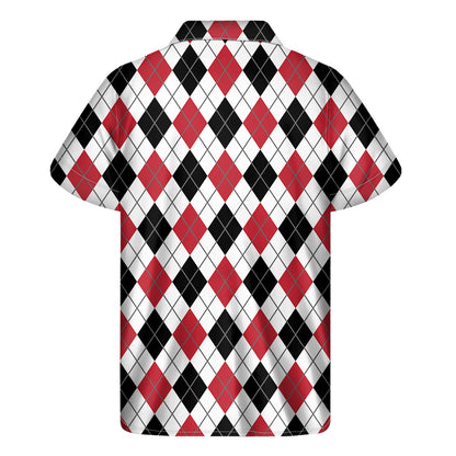 Red Black And White Argyle Pattern Print Men's Short Sleeve Shirt