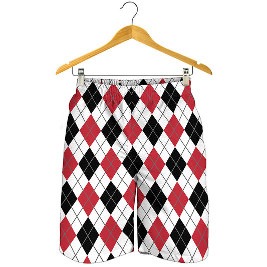 Red Black And White Argyle Pattern Print Men's Shorts