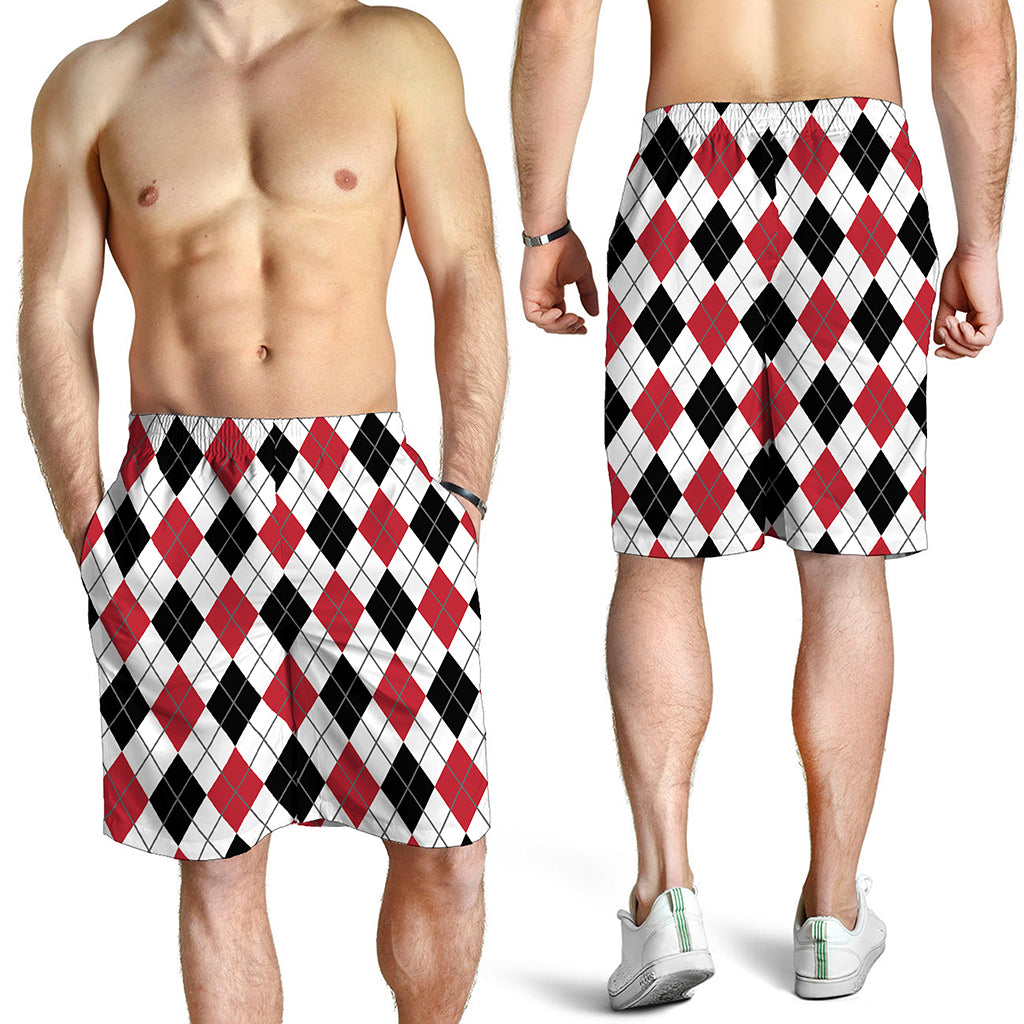 Red Black And White Argyle Pattern Print Men's Shorts