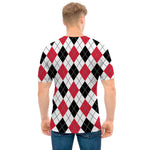 Red Black And White Argyle Pattern Print Men's T-Shirt