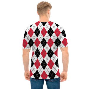 Red Black And White Argyle Pattern Print Men's T-Shirt