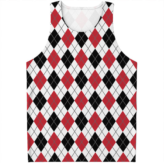 Red Black And White Argyle Pattern Print Men's Tank Top