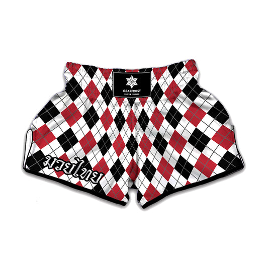 Red Black And White Argyle Pattern Print Muay Thai Boxing Shorts